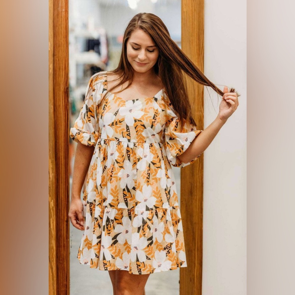 JODIFL Women’s M 100% Cotton Fall Blossoms Floral Mini Babydoll Dress - Picture 2 of 14
